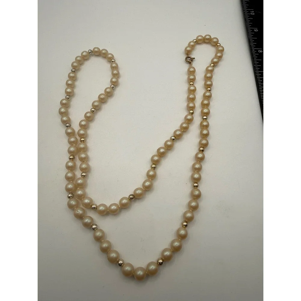 Vintage Faux Pearl Strand Necklace Gold Tone Spacer Beads Cream 22 Inch Classic
